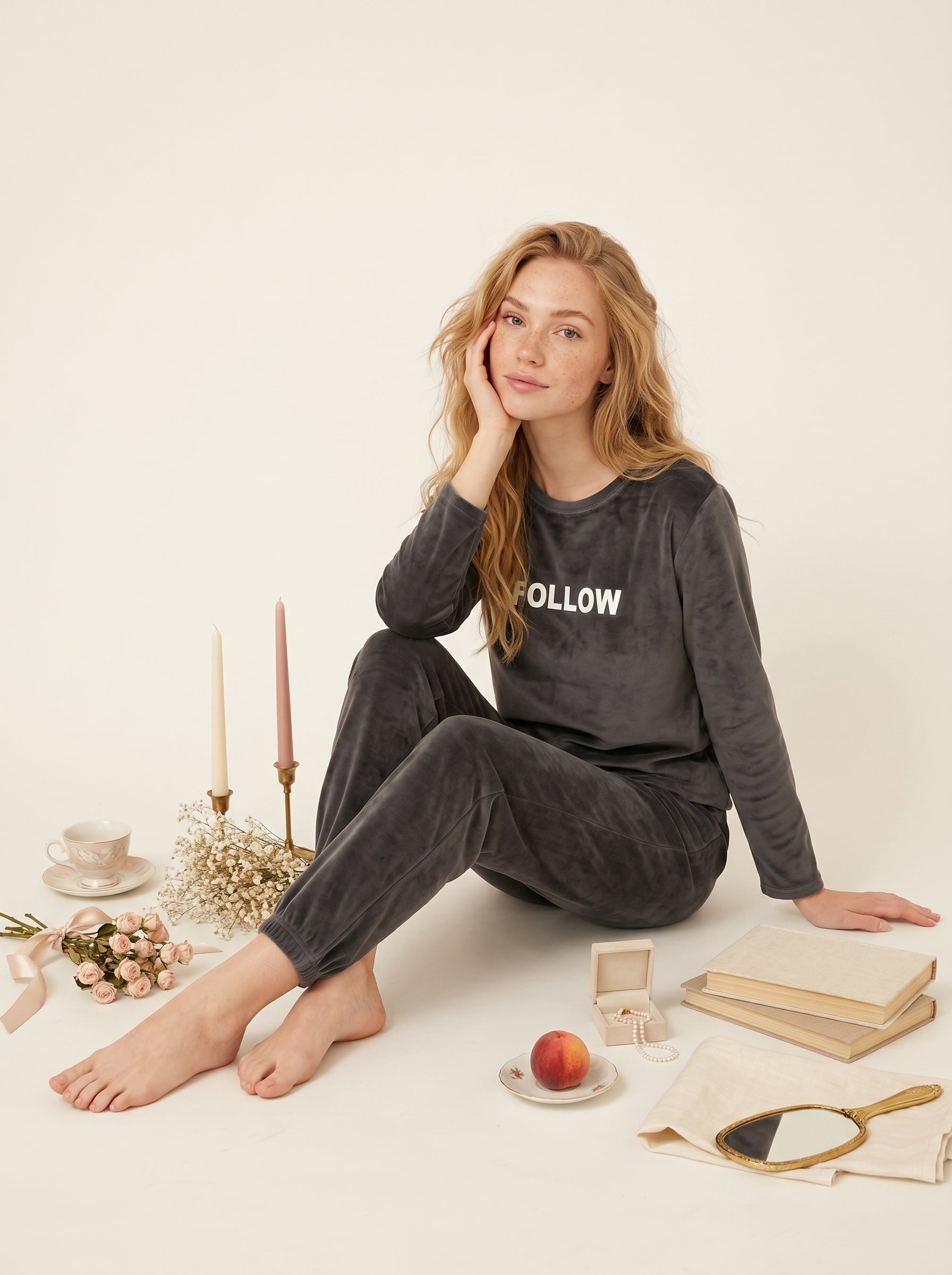 Kadın Gri Yazılı Uzun Kollu Altı Uzun Manşetli Kadife Kumaş Pijama Takımı