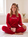 Kadın Kırmızı Yazılı Uzun Kollu Altı Uzun Geniş Paça Kadife Kumaş Pijama Takımı