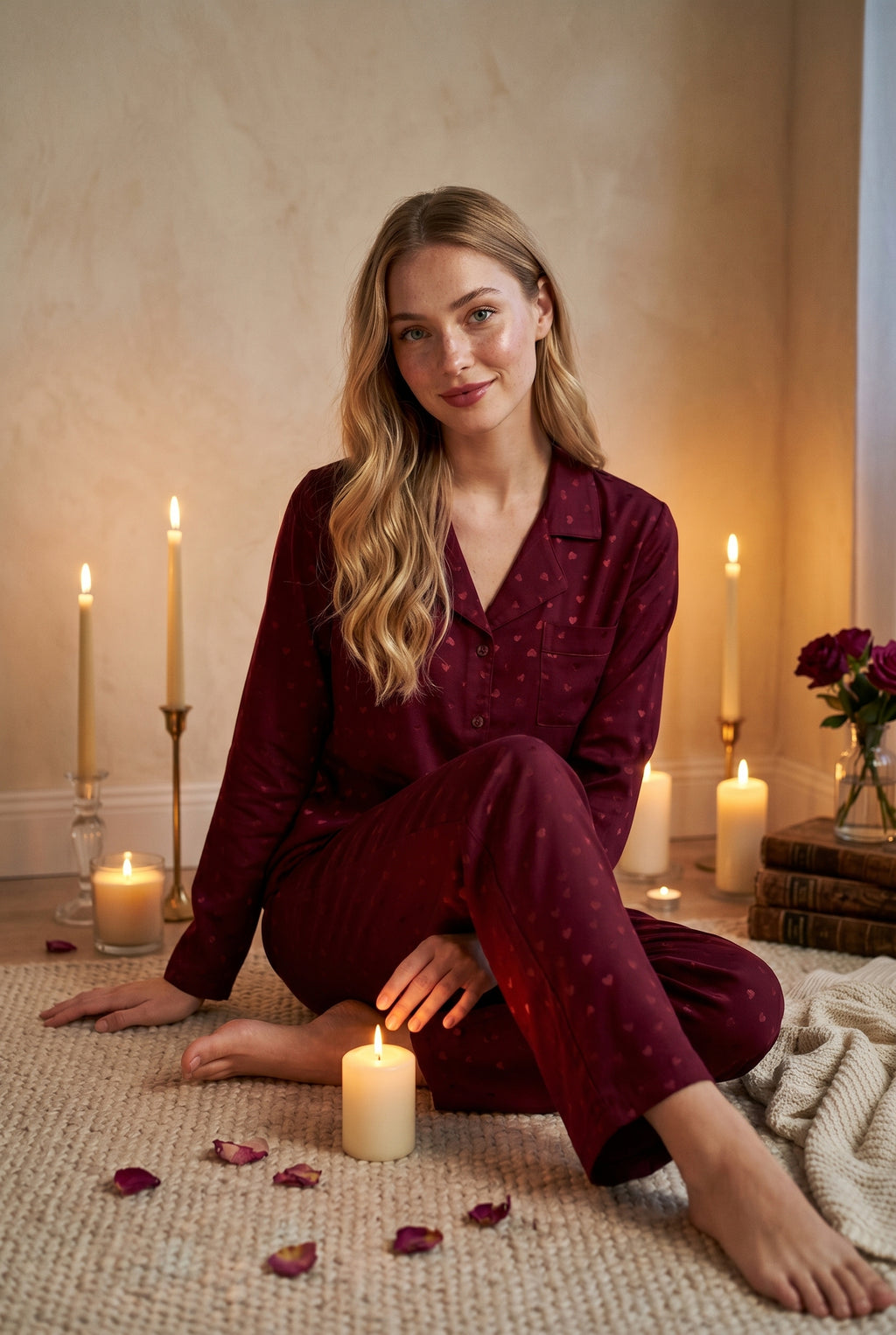 Kadın Vişne Çürüğü Kalp Desenli Önü Düğmeli Cep Detaylı Uzun Kollu Altı Uzun Cepli Premium Saten Kumaş Pijama Takımı