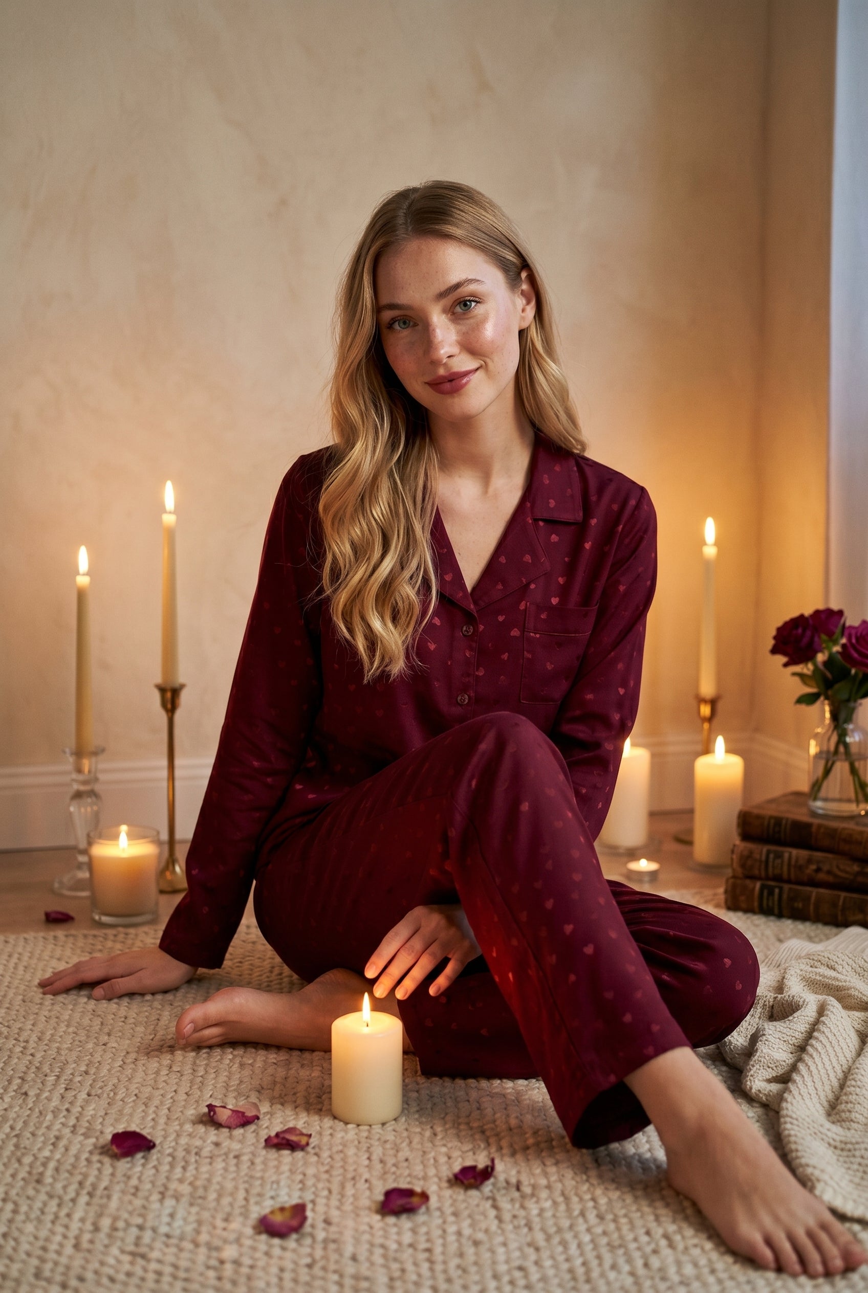 Kadın Vişne Çürüğü Kalp Desenli Önü Düğmeli Cep Detaylı Uzun Kollu Altı Uzun Cepli Premium Saten Kumaş Pijama Takımı