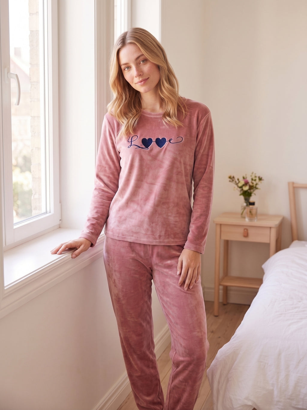 Kadın Pembe Yazılı Uzun Kollu Altı Uzun Manşetli Kadife Kumaş Pijama Takımı