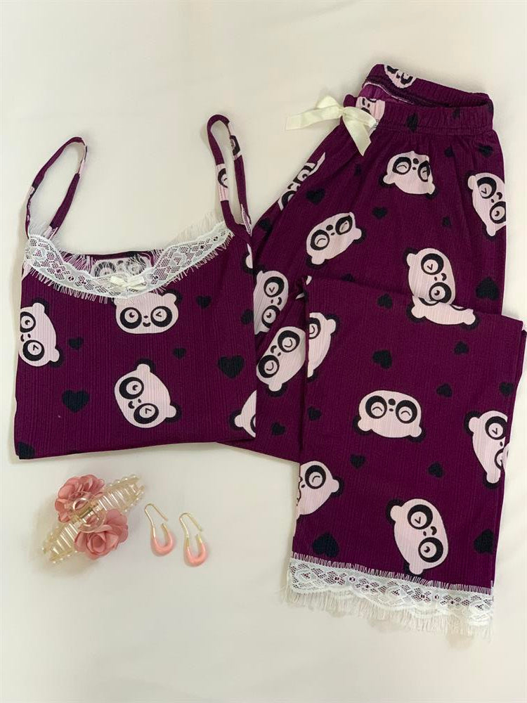 Kadın İp Askılı Dantel Detaylı Bordo Panda Desenli Altı Uzun Pegasus Kumaş Pijama Takımı